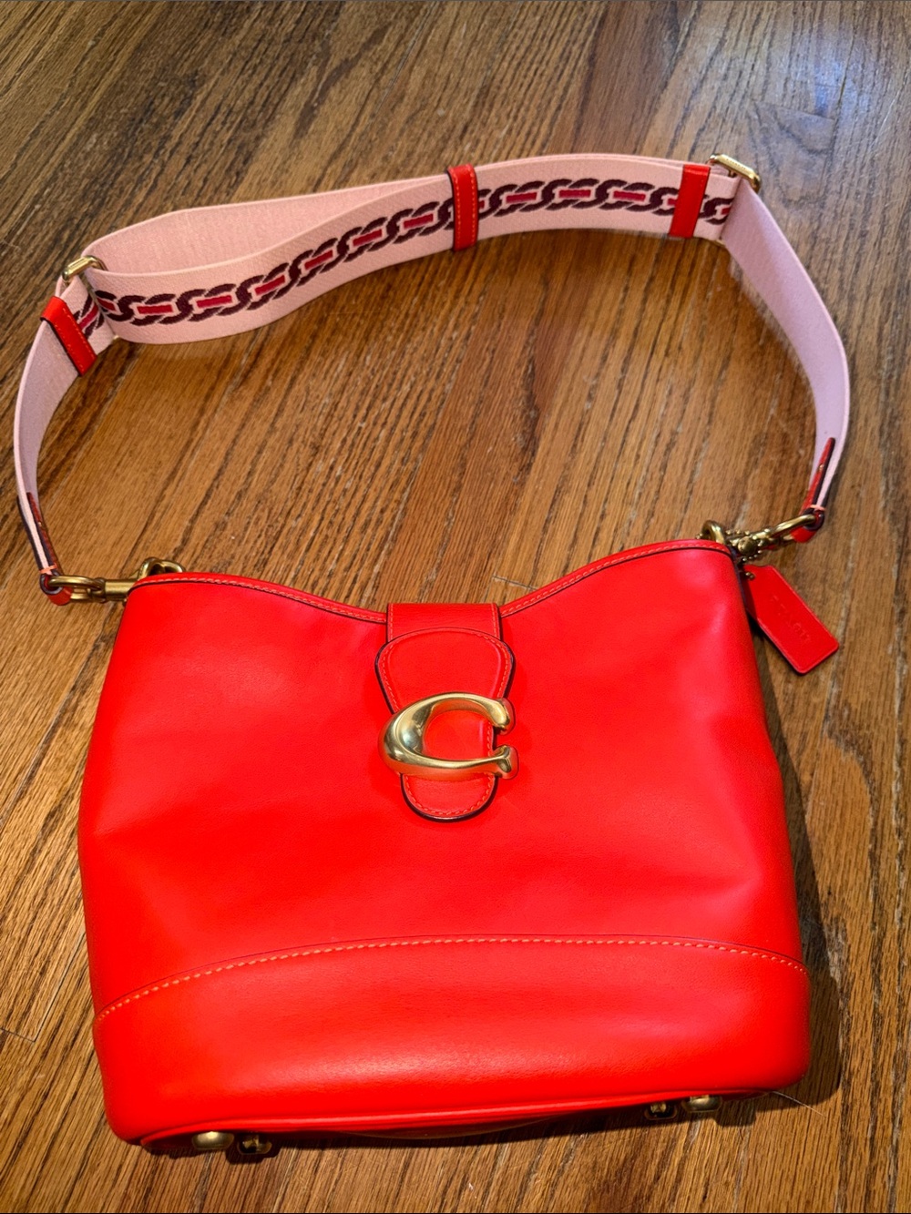 Coach Red Leather Crossbody with Pink Logo Web Strap & Matching Wallet